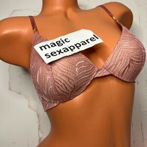 VS 32D LUXE LOGO HARDWARE UPLIFT PLUNGE BRA ZEBRA LACE PINK